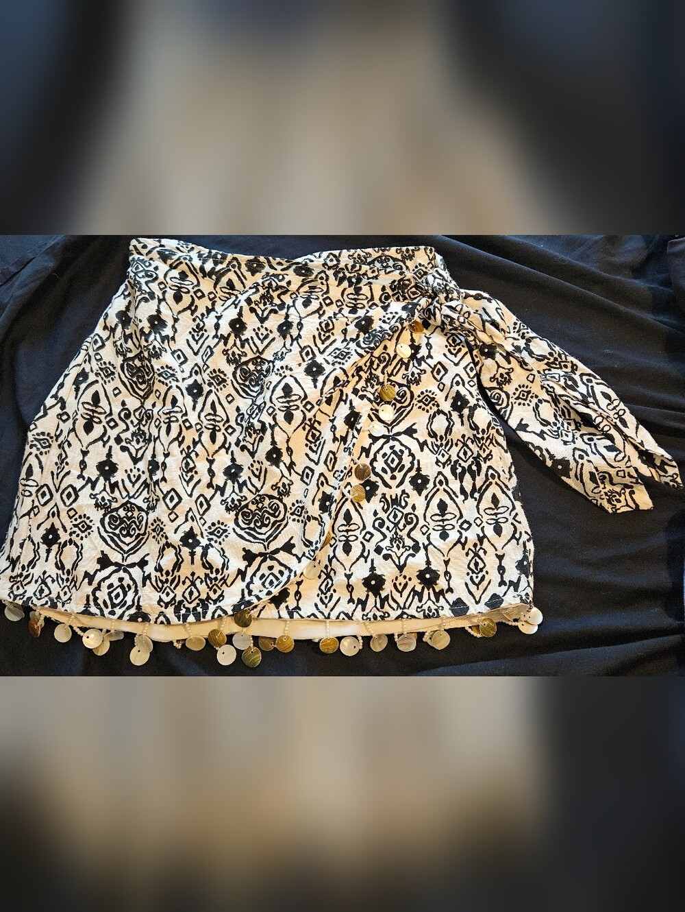 Black & White Patterned Wrap Skirt with Shell Disc Trim
